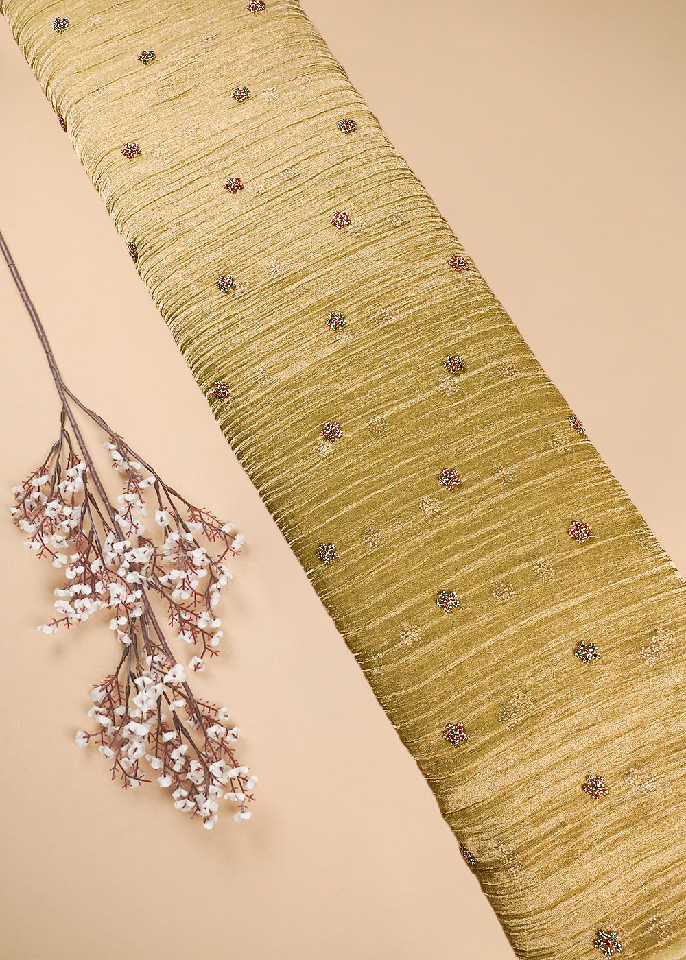 Beige Crushed Tissue Fabric With All Over Buti Of Katdana Work 25477