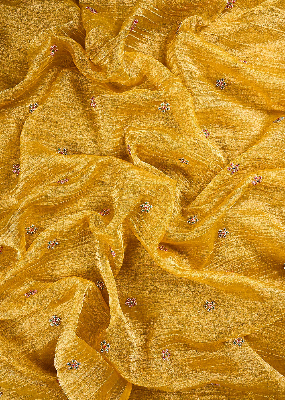 Mustard Crushed Tissue Fabric With All Over Buti Of Katdana Work 25479