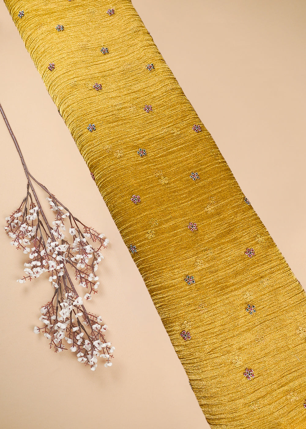 Mustard Crushed Tissue Fabric With All Over Buti Of Katdana Work 25479