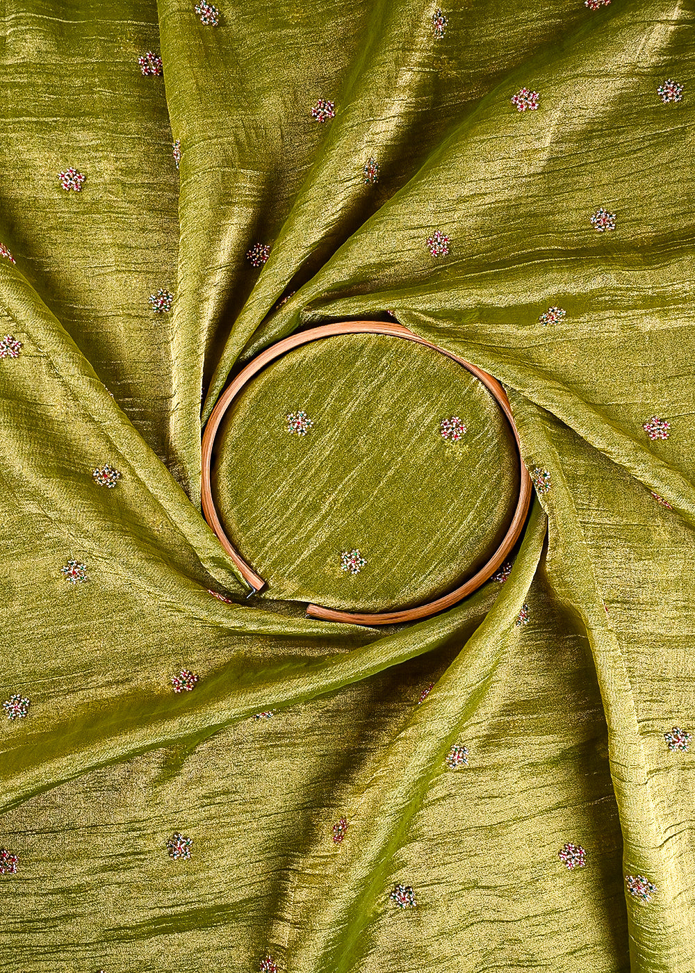 Green Crushed Tissue Fabric With All Over Buti Of Katdana Work 25481