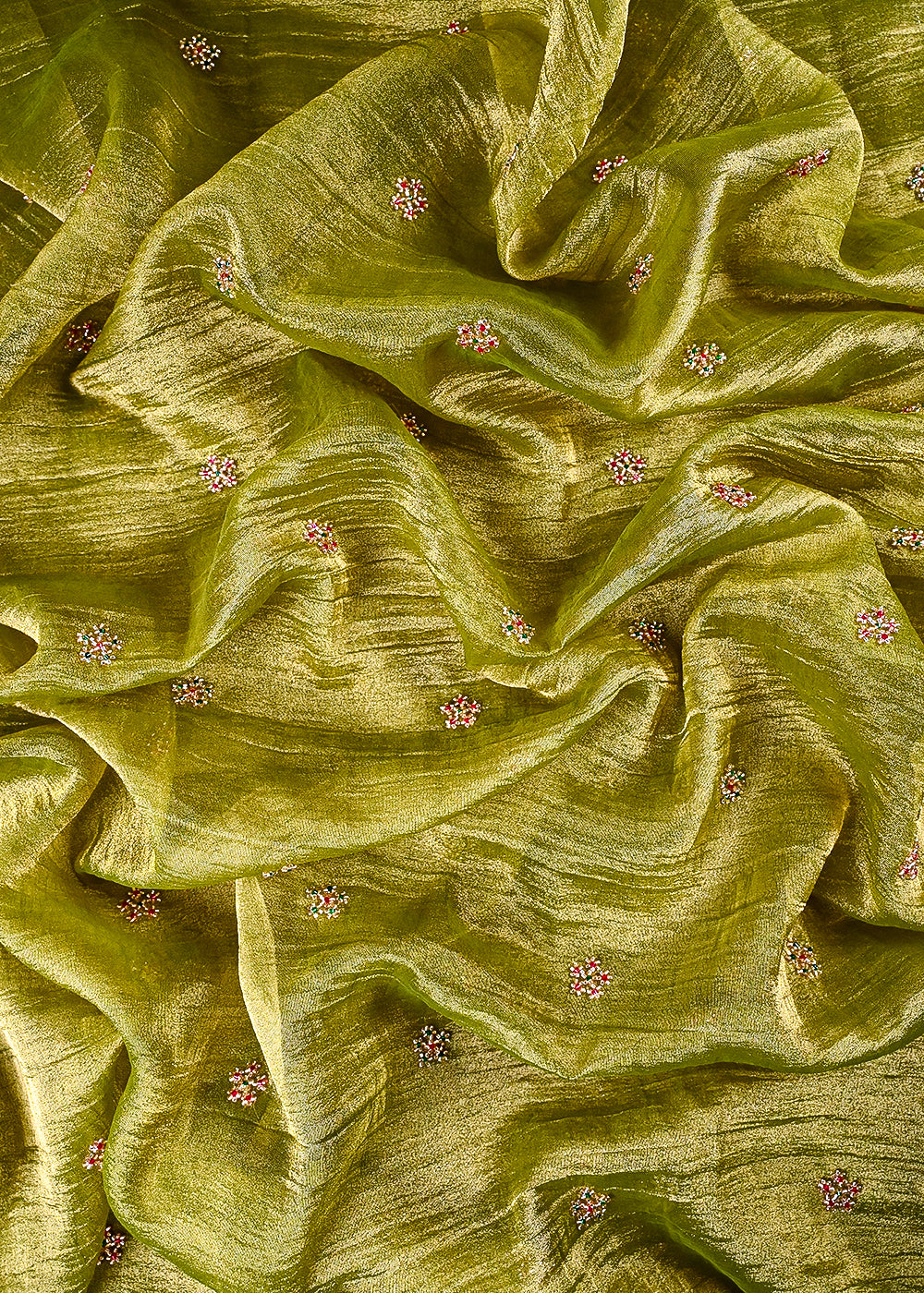Green Crushed Tissue Fabric With All Over Buti Of Katdana Work 25481