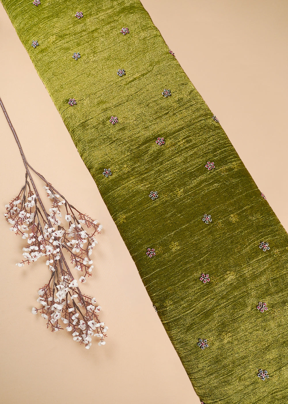 Green Crushed Tissue Fabric With All Over Buti Of Katdana Work 25481