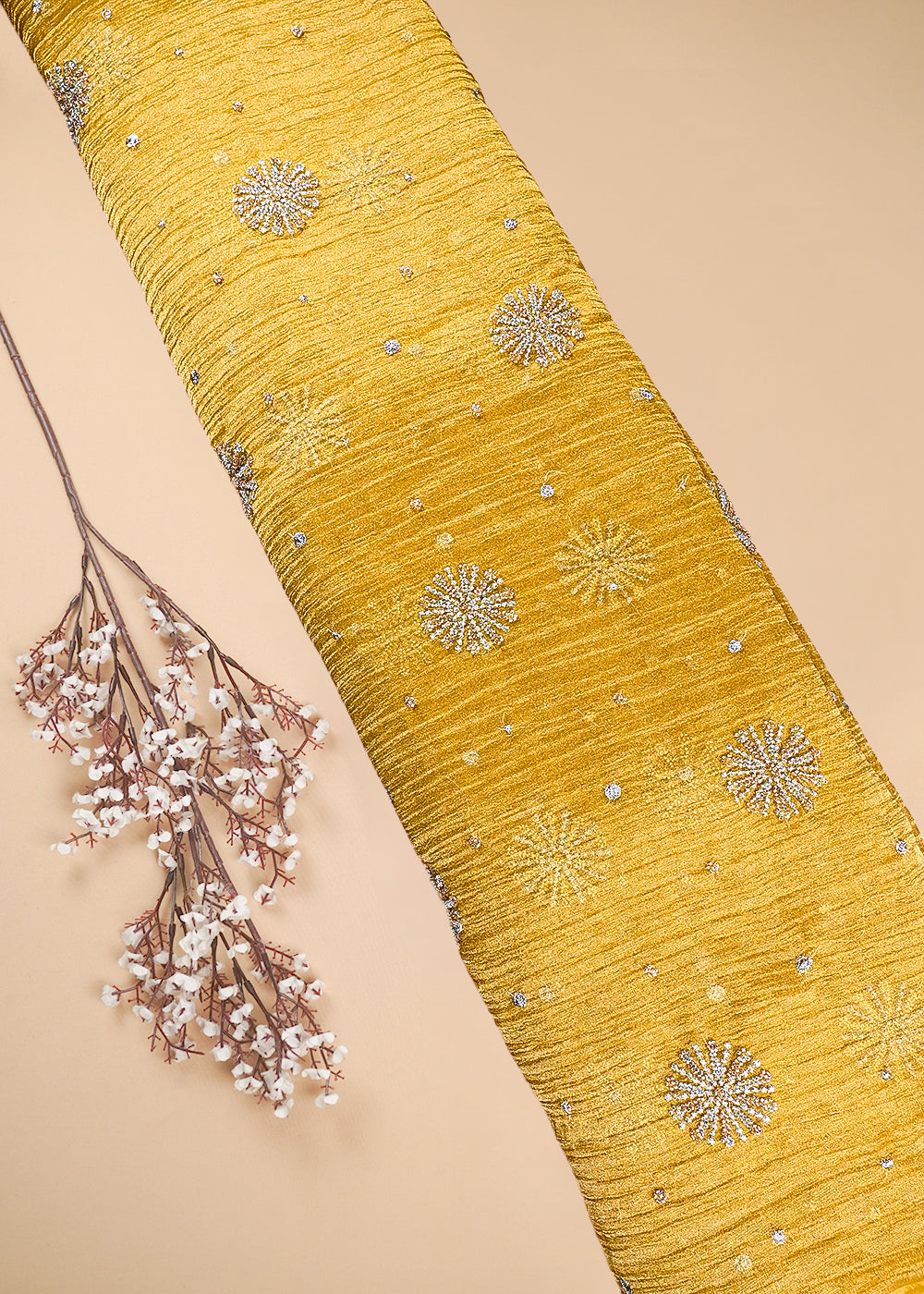 Mustard Crushed Tissue Fabric With All Over Zari And Sequins Work 25482