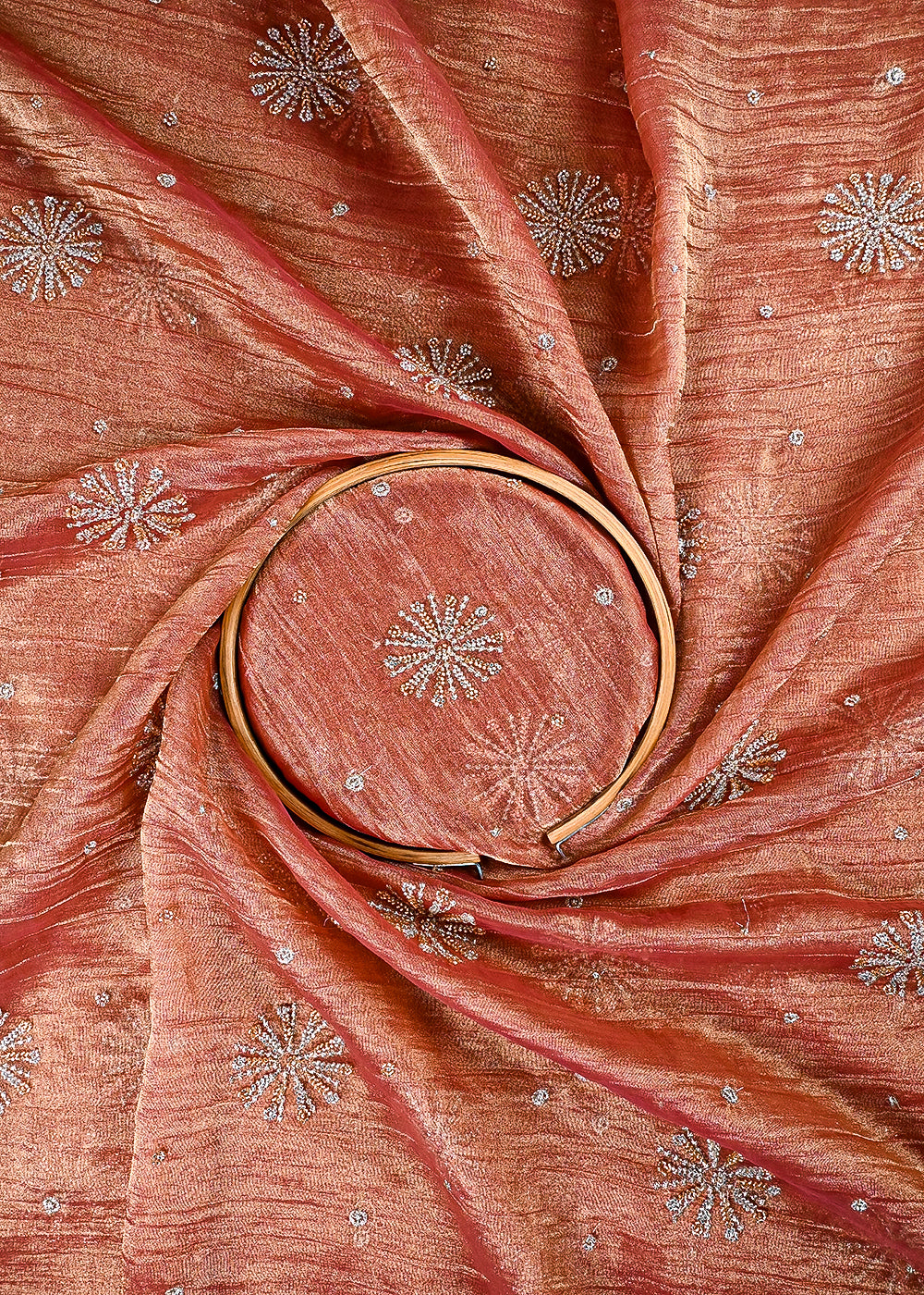 Peach Crushed Tissue Fabric With All Over Zari And Sequins Work 25483