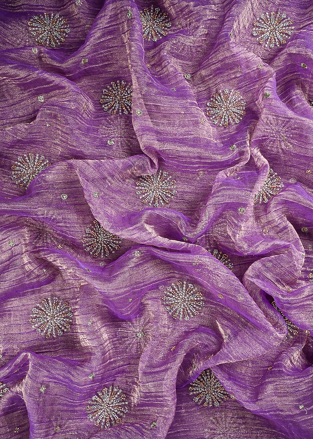 Lavender Crushed Tissue Fabric With All Over Zari And Sequins Work 25484