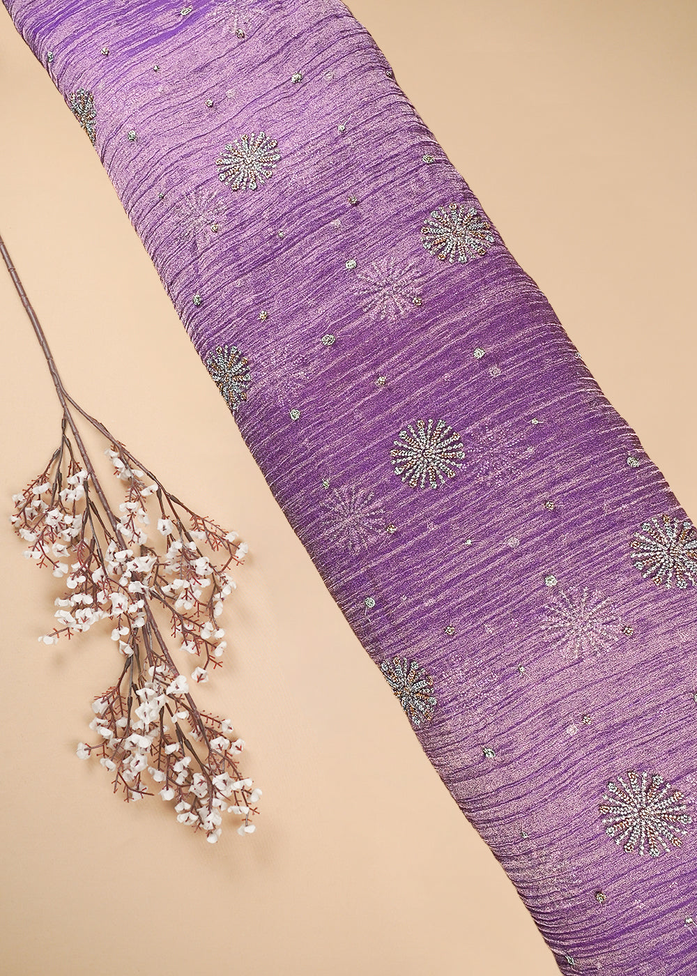 Lavender Crushed Tissue Fabric With All Over Zari And Sequins Work 25484