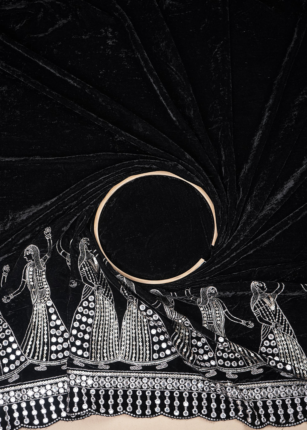 Black Velvet Fabric With All Over Zari And Sequins Work With One Side Border 25497