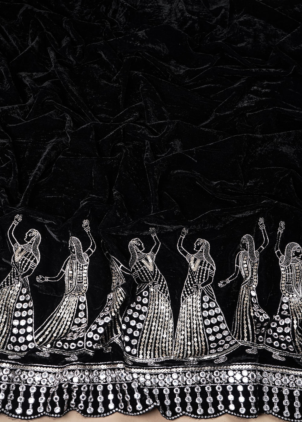 Black Velvet Fabric With All Over Zari And Sequins Work With One Side Border 25497