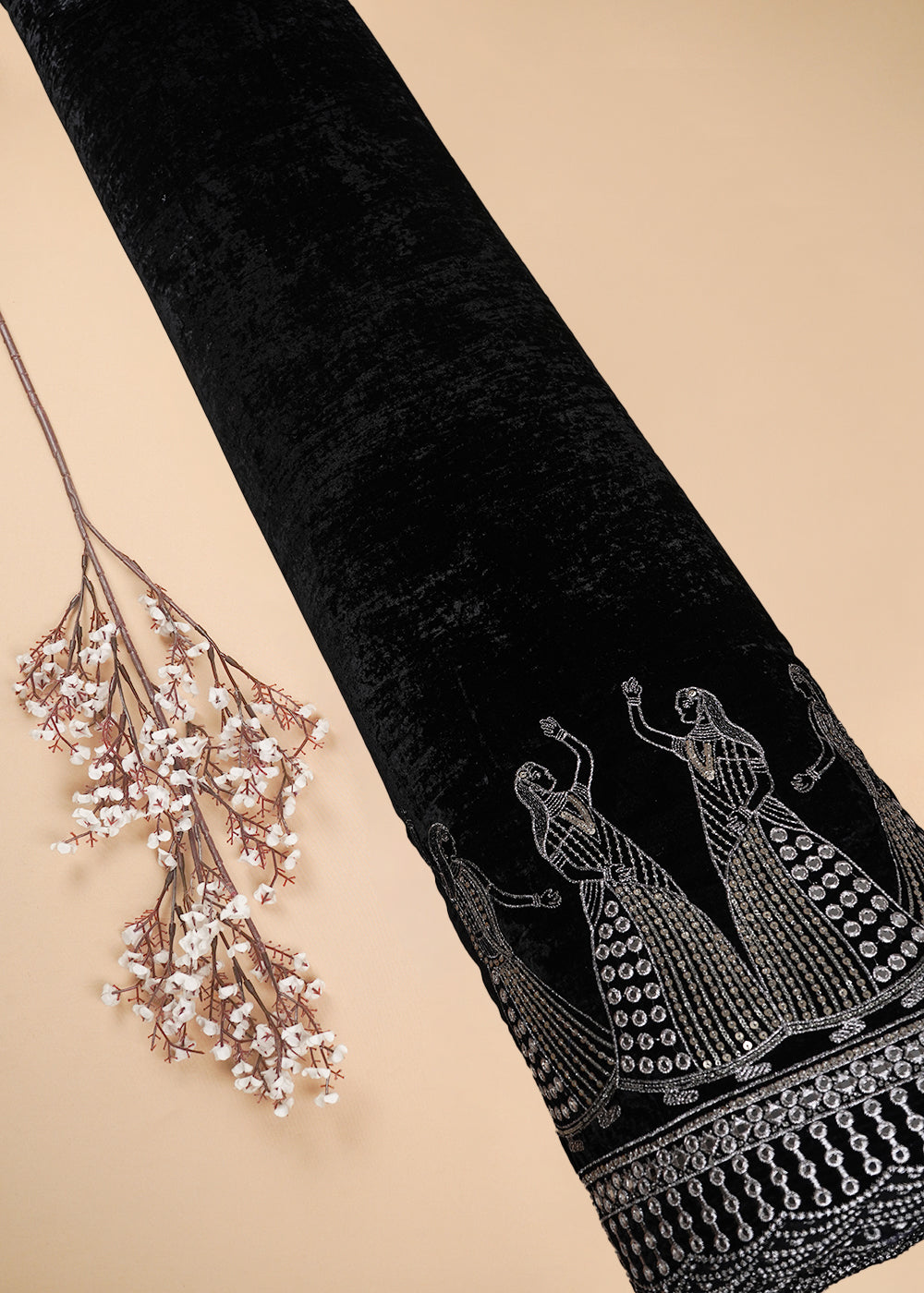 Black Velvet Fabric With All Over Zari And Sequins Work With One Side Border 25497