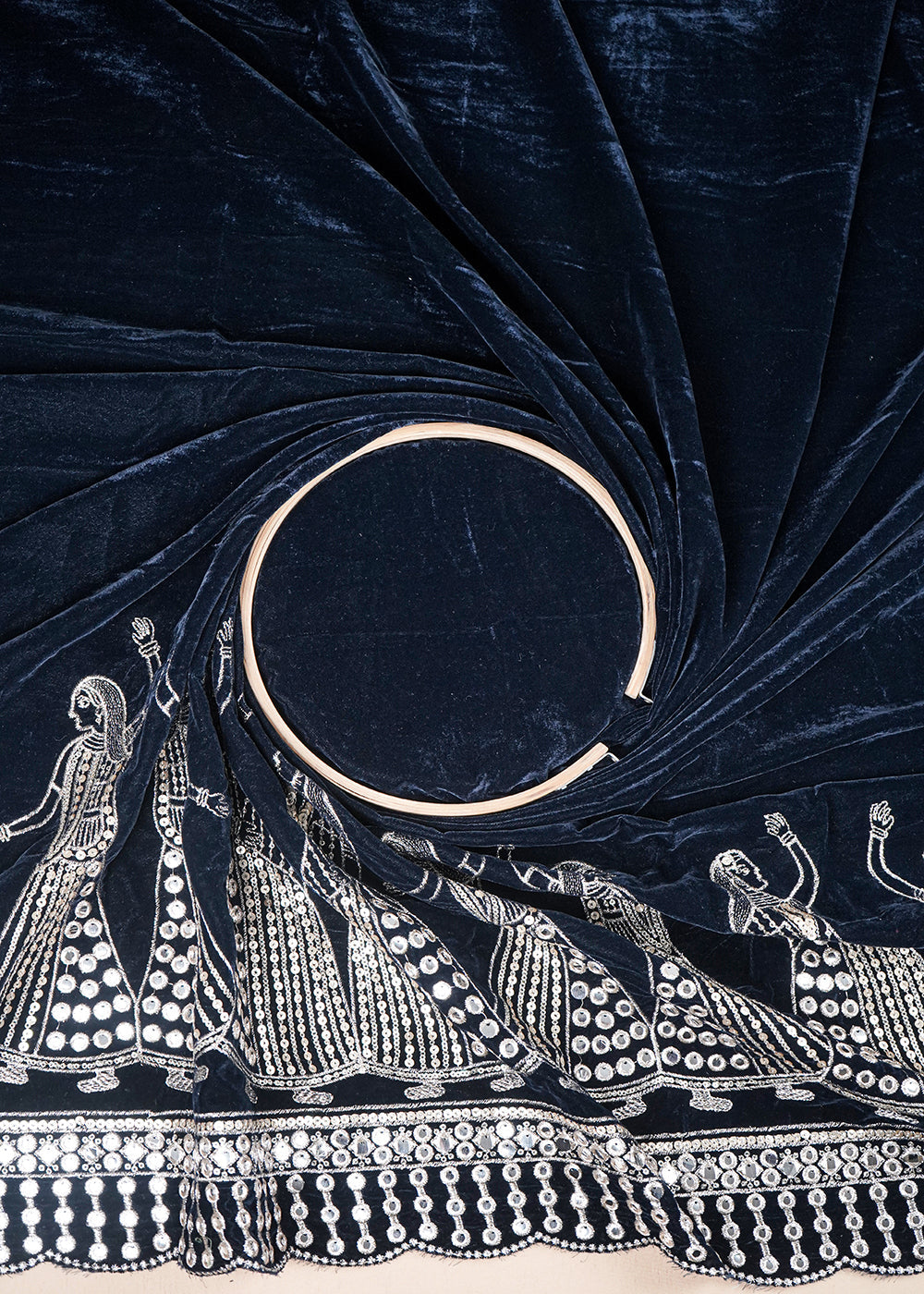 Navy Blue Velvet Fabric With All Over Zari And Sequins Work With One Side Border 25498
