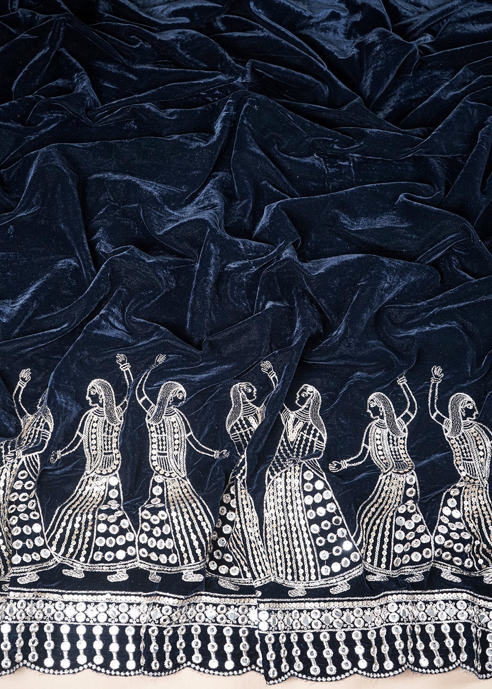 Navy Blue Velvet Fabric With All Over Zari And Sequins Work With One Side Border 25498