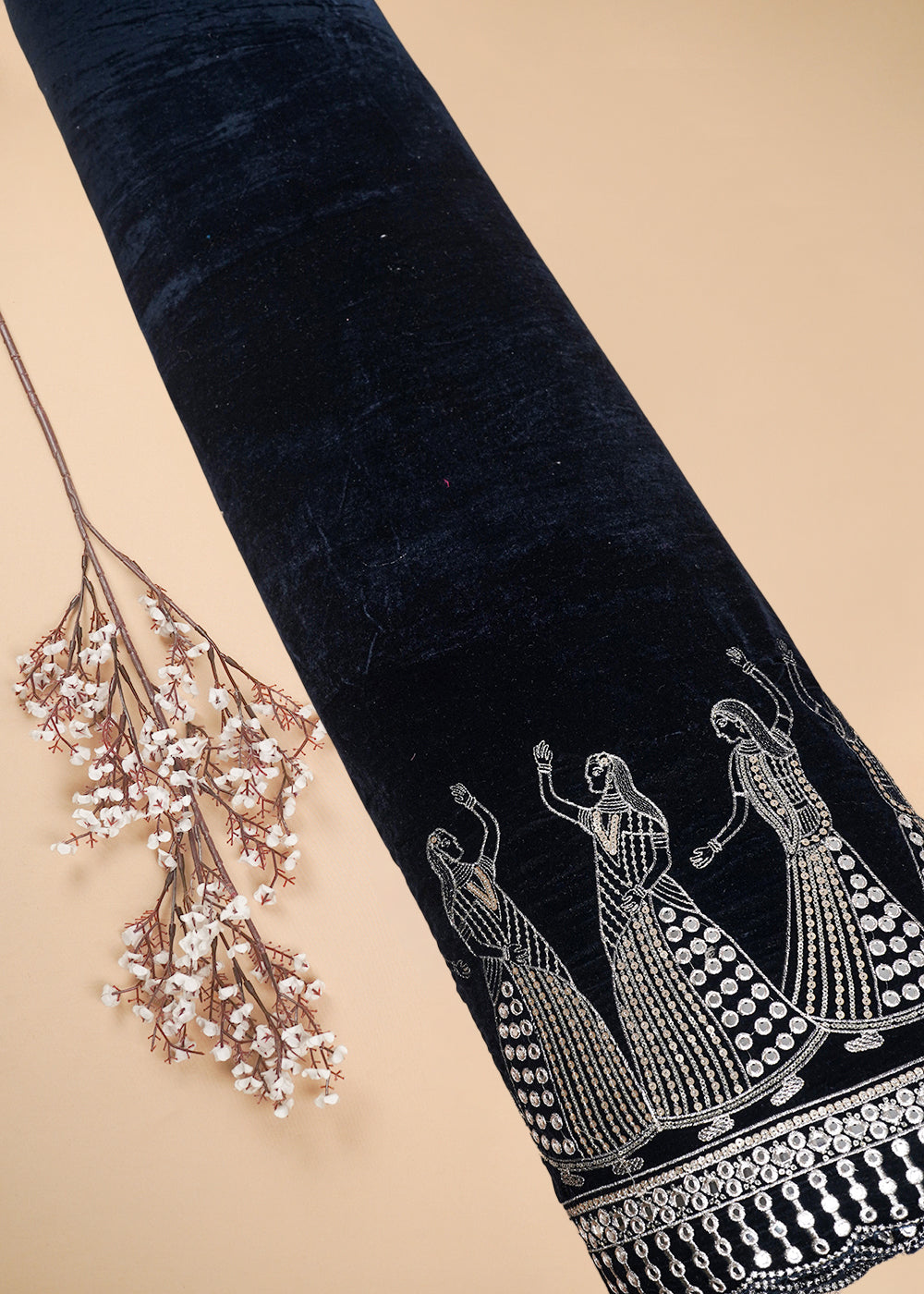Navy Blue Velvet Fabric With All Over Zari And Sequins Work With One Side Border 25498