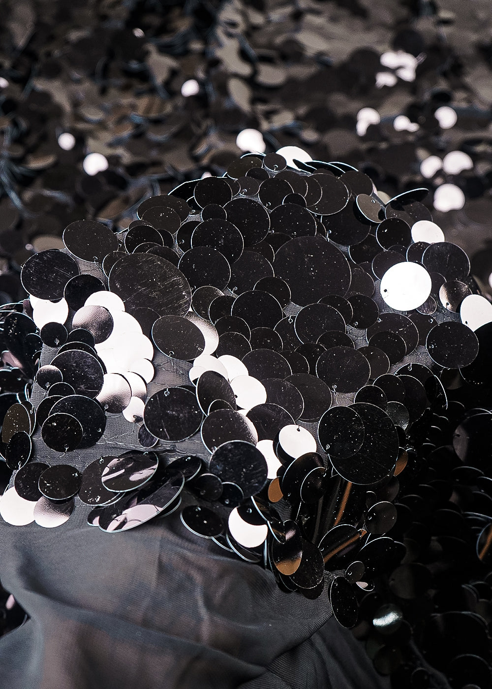Black Georgette Fabric With All Over Jombo Oval Sequins Work 25509