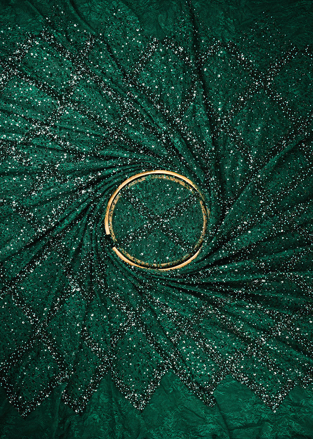 Bottle Green Sandlin Lace Fabric With All Over Sequins, Katdana And Bead Work 25510