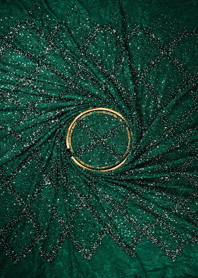 Bottle Green Sandlin Lace Fabric With All Over Sequins, Katdana And Bead Work 25510