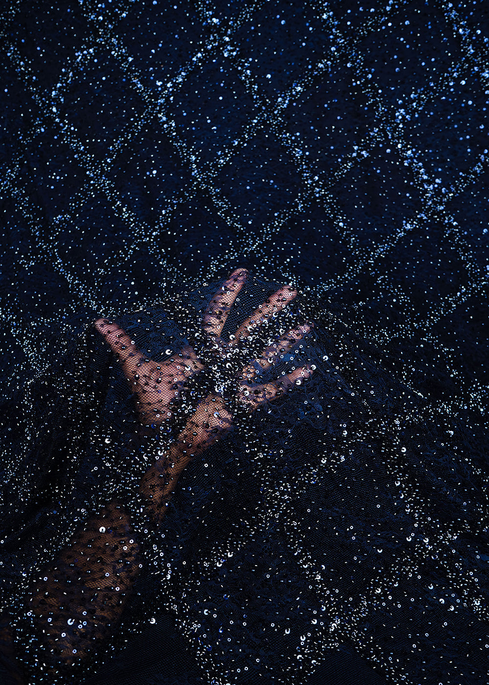 Navy Blue Sandlin Lace Fabric With All Over Sequins, Katdana And Bead Work 25511