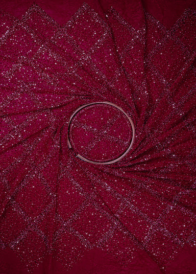 Red Sandlin Lace Fabric With All Over Sequins, Katdana And Bead Work 25512