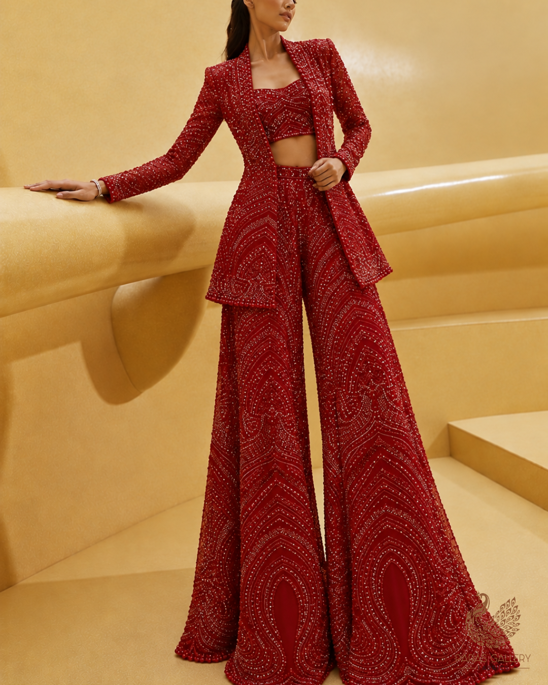 Red Imported Net Fabric With All Over Thread, Sequins And Katdana Work 25514