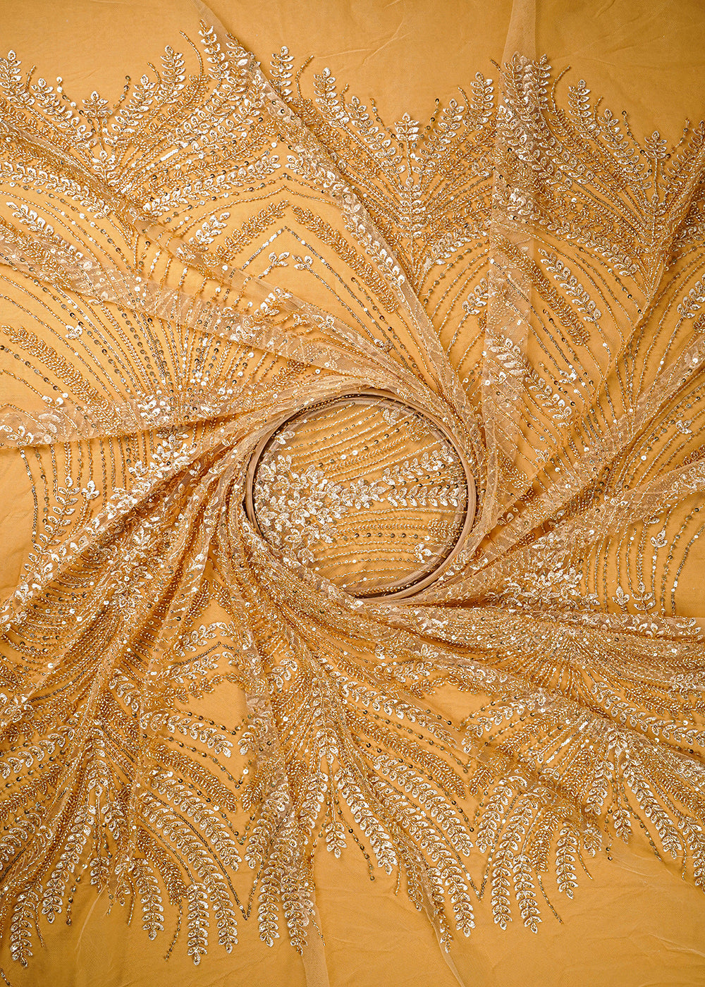 Golden Imported Net Fabric With All Over Thread, Sequins And Katdana Work 25515