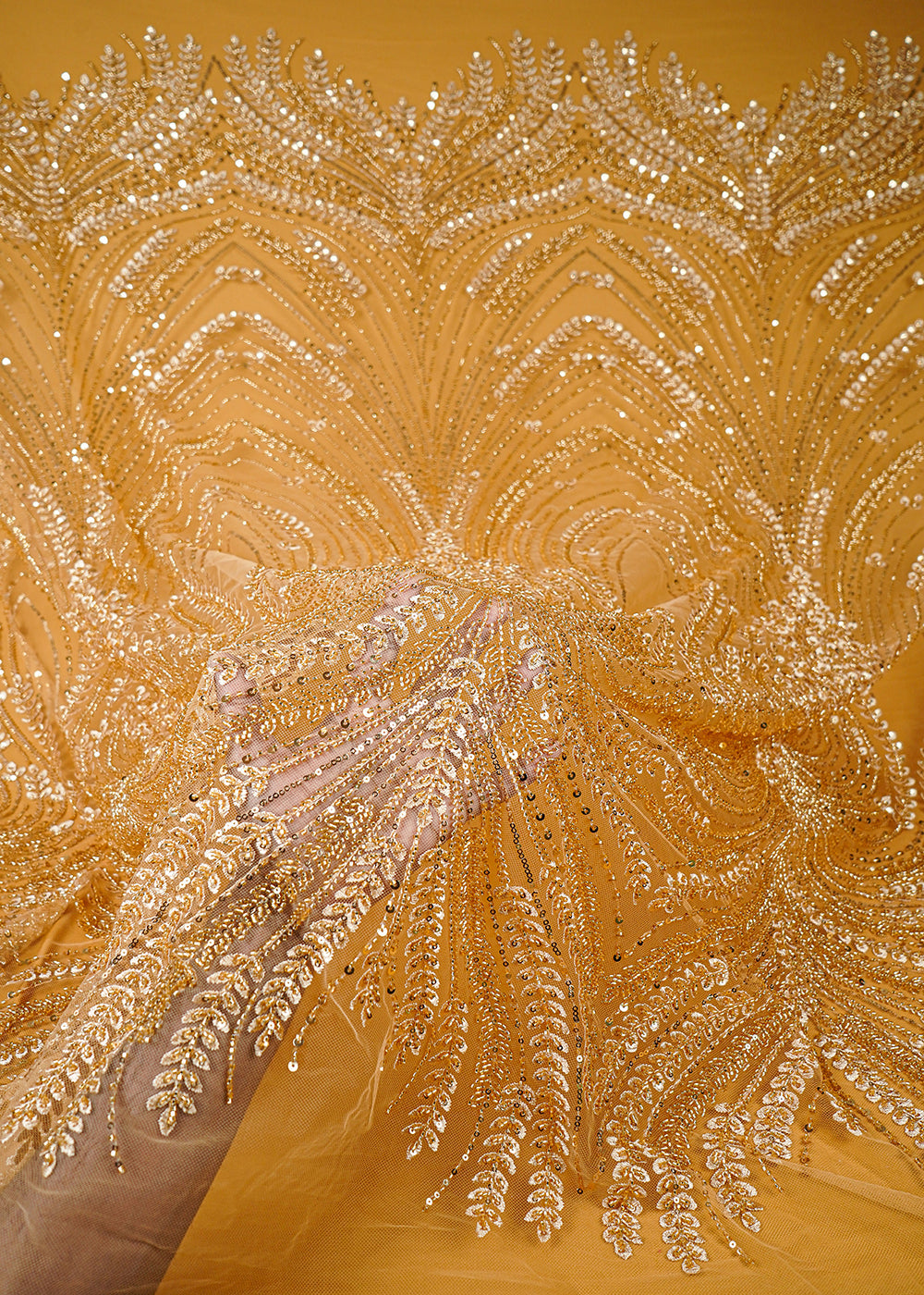 Golden Imported Net Fabric With All Over Thread, Sequins And Katdana Work 25515