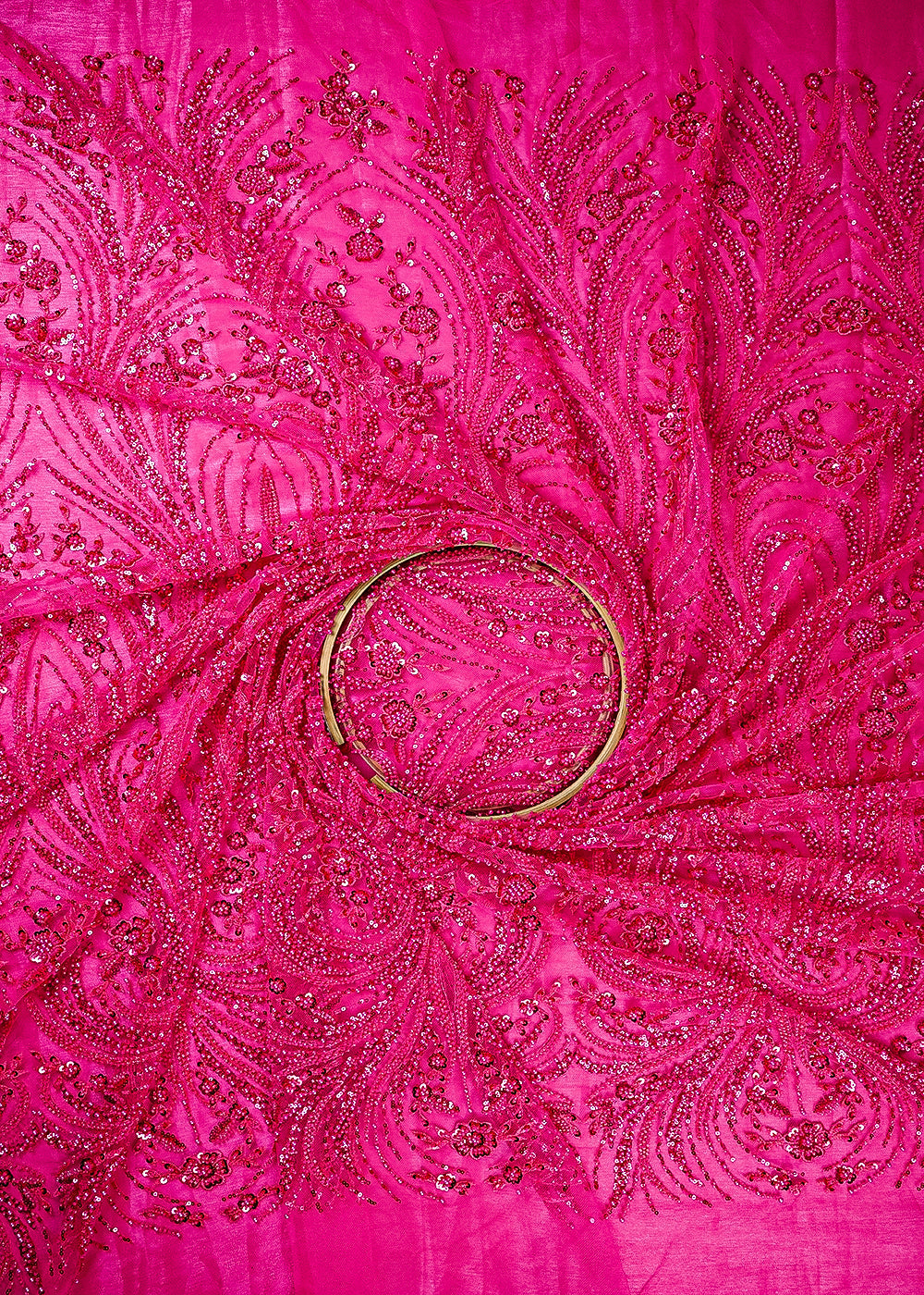 Pink Imported Net Fabric With All Over Thread, Sequins, Katdana And Bead Work 25516