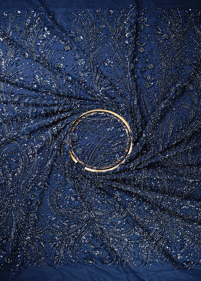 Navy Blue Imported Net Fabric With All Over Thread, Sequins, Katdana And Bead Work 25517