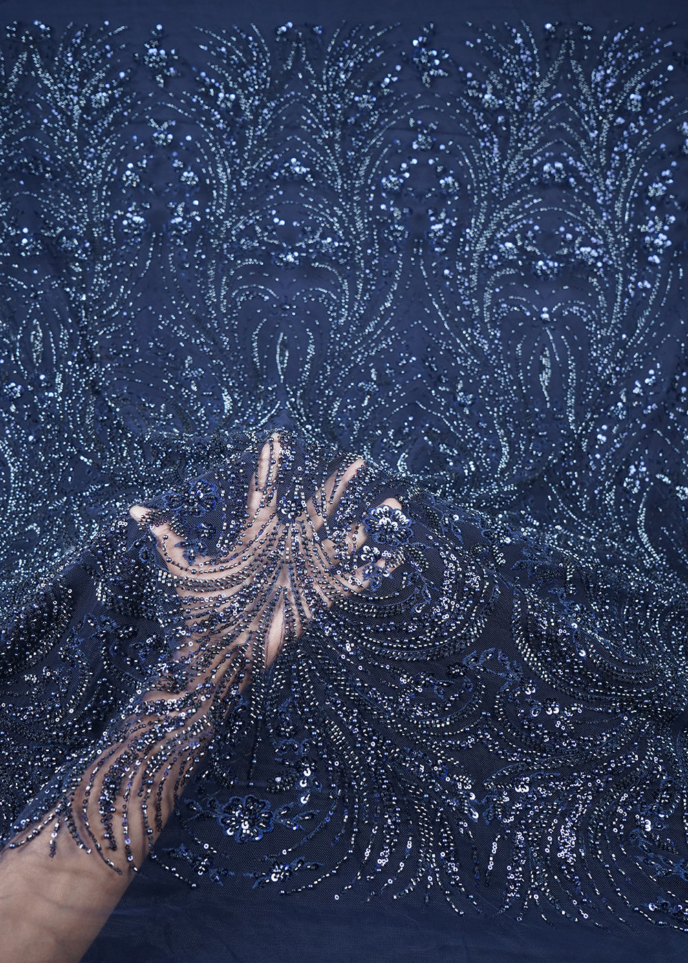 Navy Blue Imported Net Fabric With All Over Thread, Sequins, Katdana And Bead Work 25517