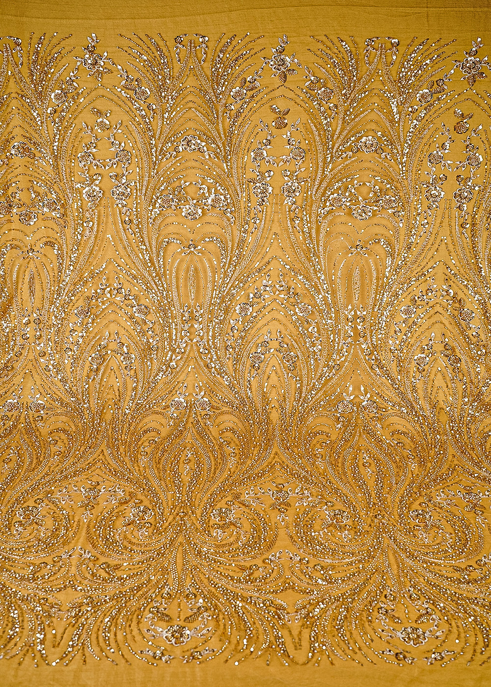 Golden Imported Net Fabric With All Over Thread, Sequins, Katdana And Bead Work 25518