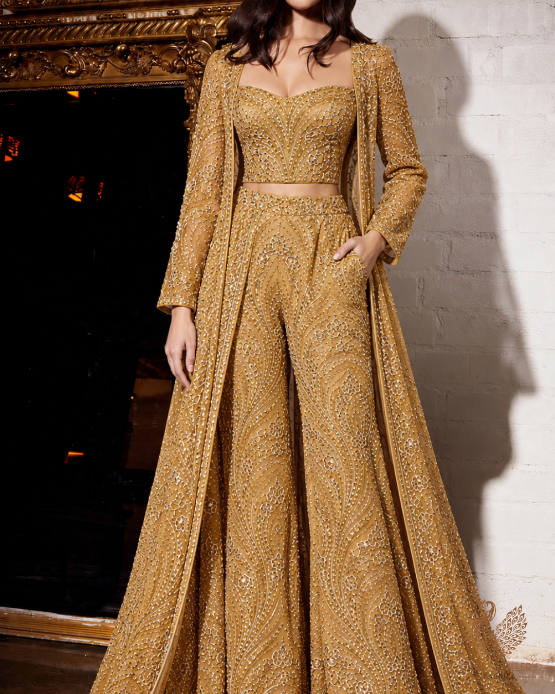 Golden Imported Net Fabric With All Over Thread, Sequins, Katdana And Bead Work 25518