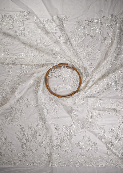 White Dyeable Net Fabric With All Over Thread, Sequins And Katdana Work With Border 25519