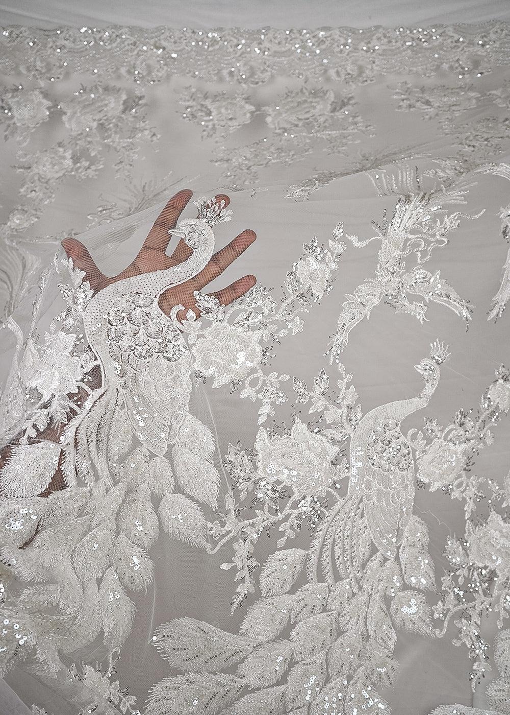 White Dyeable Net Fabric With All Over Thread, Sequins And Katdana Work With Border 25519