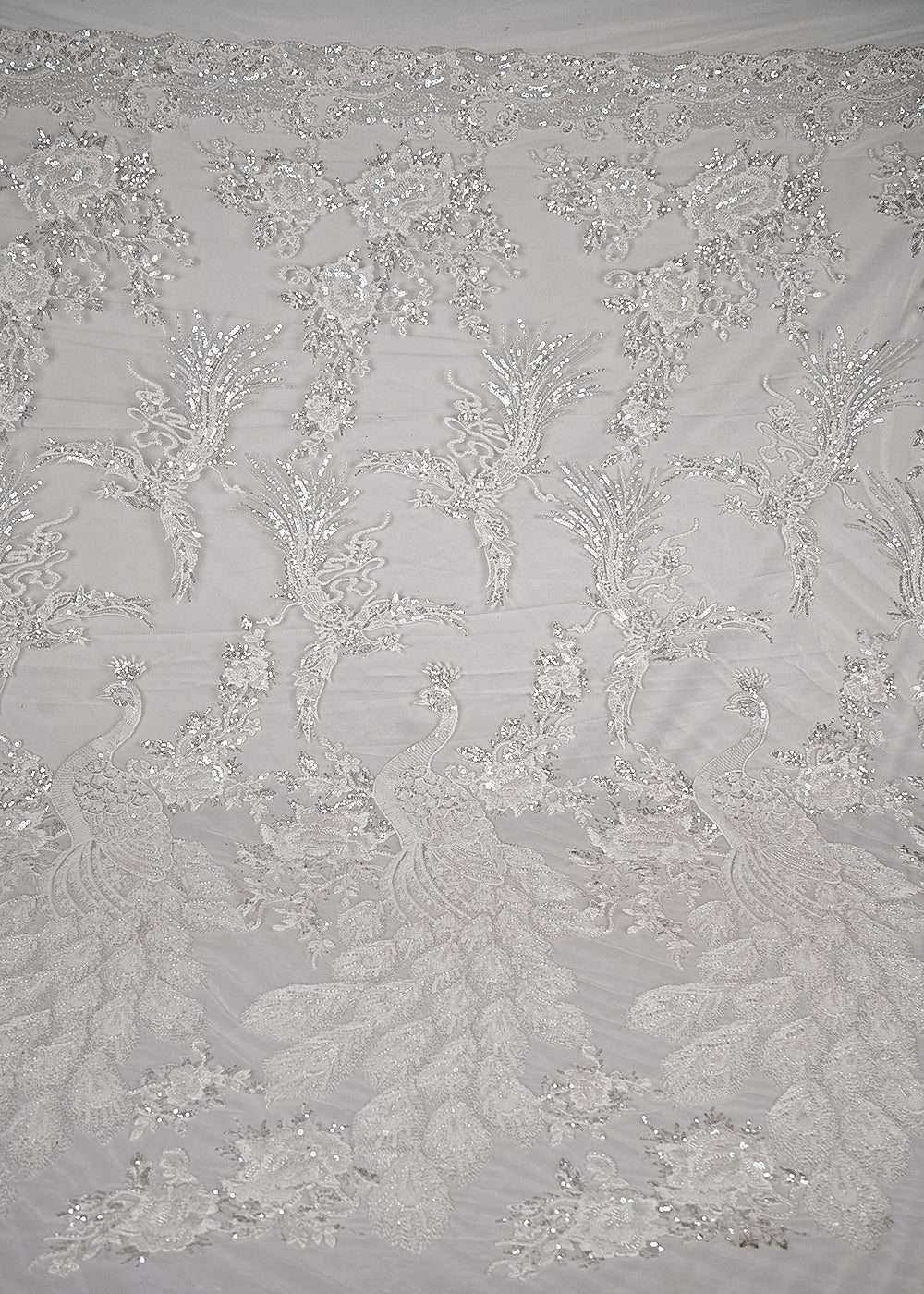 White Dyeable Net Fabric With All Over Thread, Sequins And Katdana Work With Border 25519