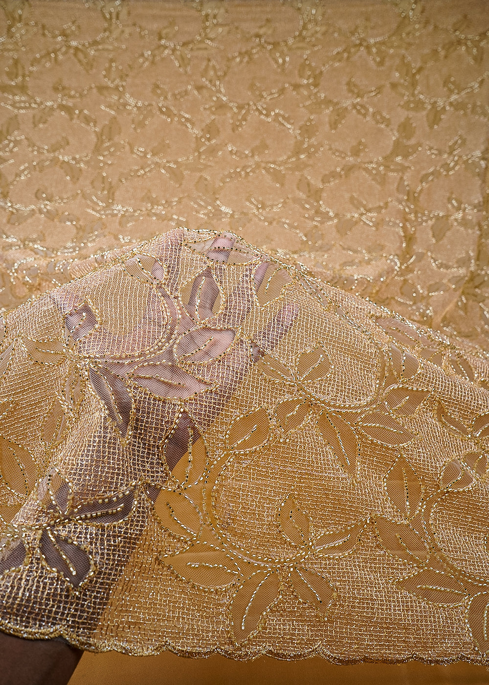 Golden Imported Net Fabric With All Over Zari And Katdana Work 25520