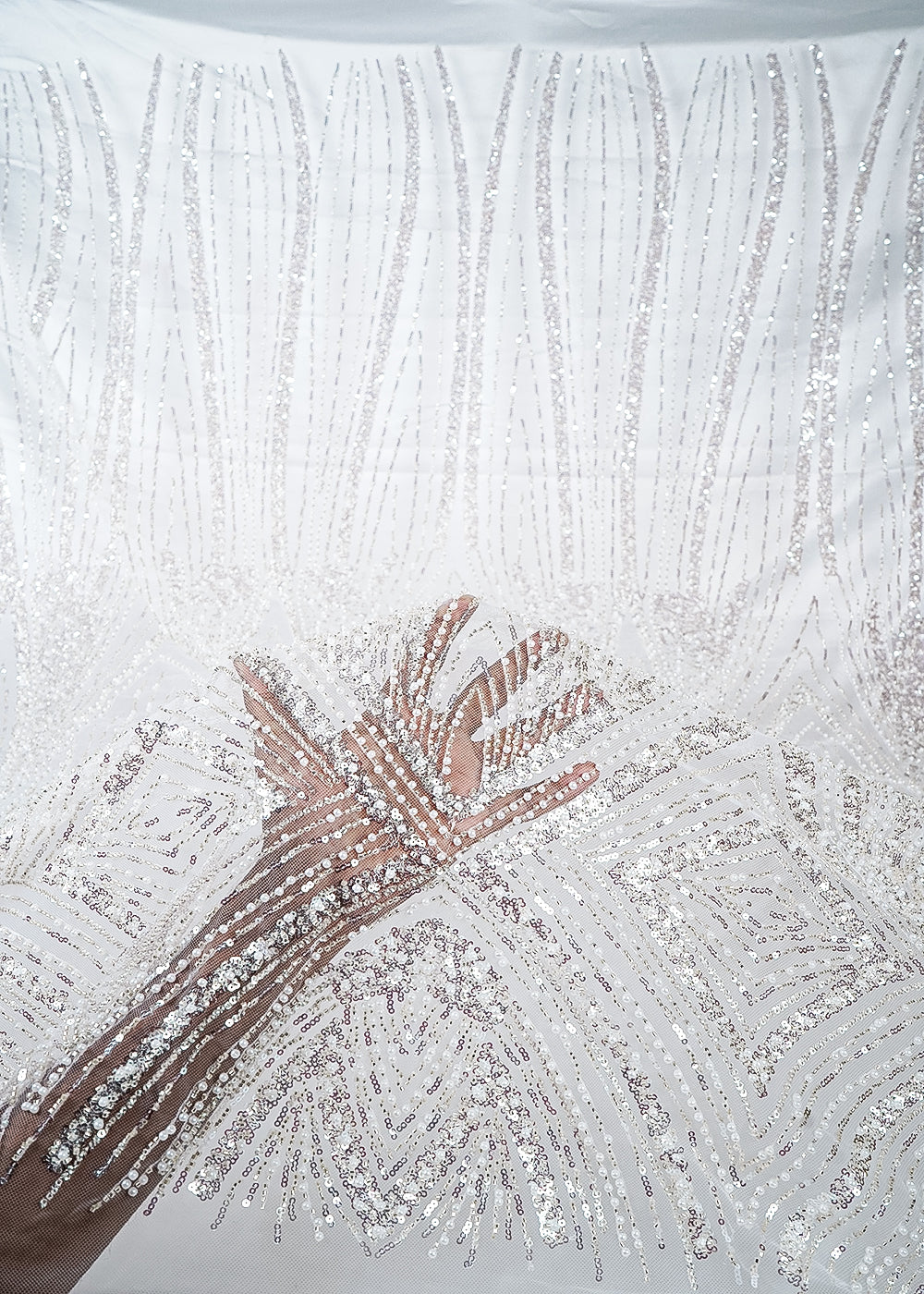 White Imported Net Fabric With All Over Sequins, Katdana And Bead Work With One Side Border 25533