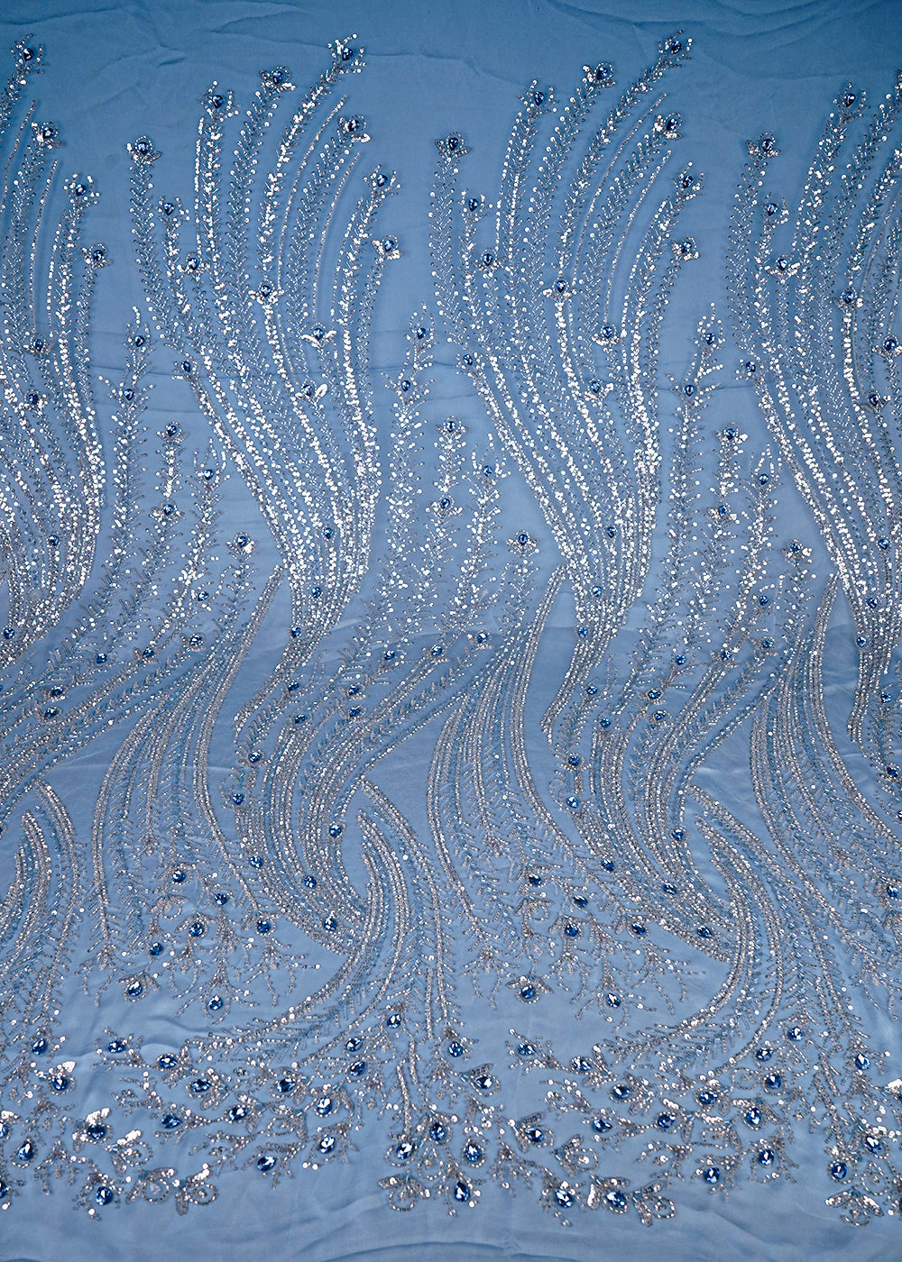Sky Blue Imported Net Fabric With All Over Sequins, Katdana And Stone Work With One Side Border 25534