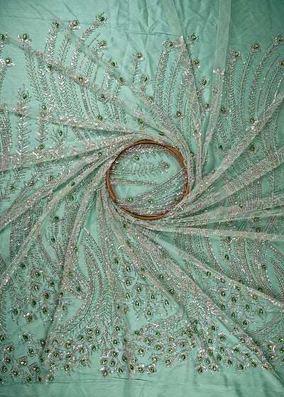 Pista Green Imported Net Fabric With All Over Sequins, Katdana And Stone Work With One Side Border 25535