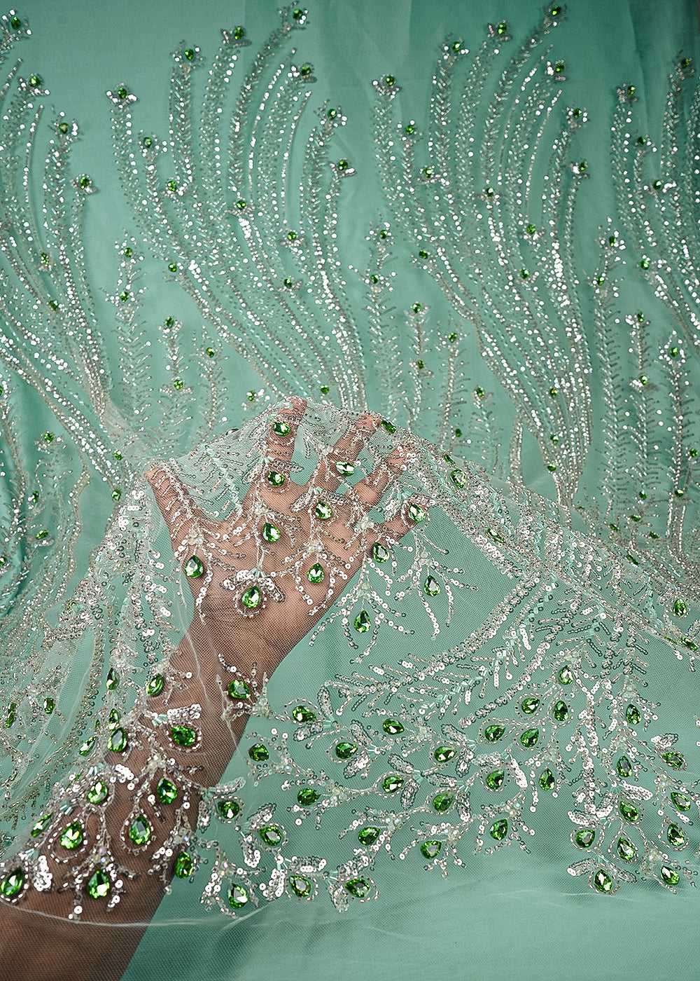 Pista Green Imported Net Fabric With All Over Sequins, Katdana And Stone Work With One Side Border 25535