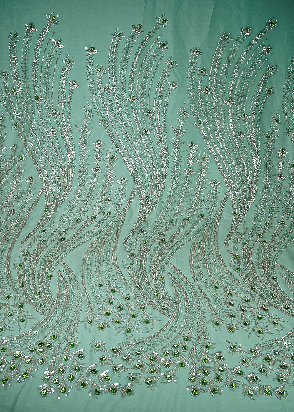 Pista Green Imported Net Fabric With All Over Sequins, Katdana And Stone Work With One Side Border 25535