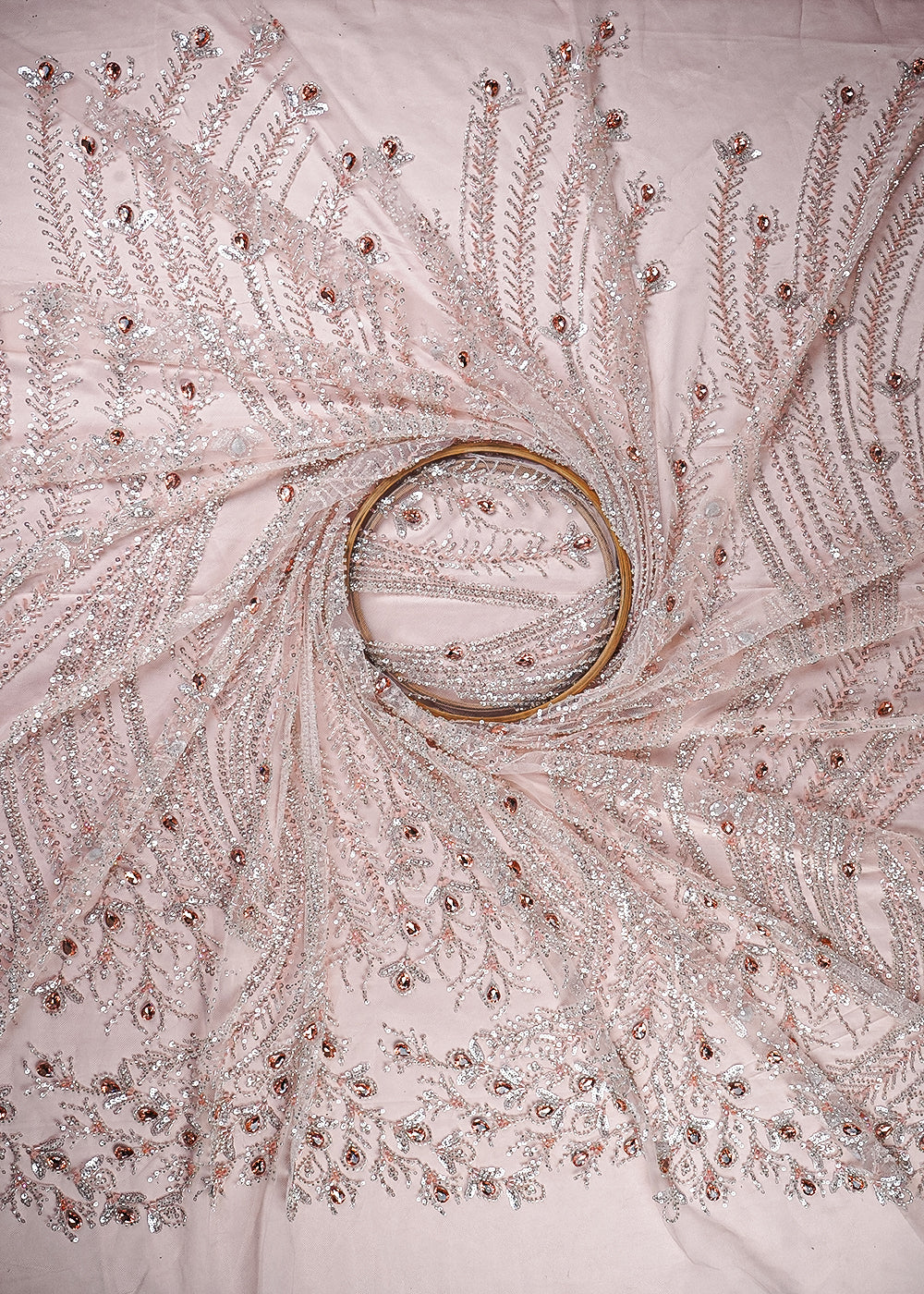 Peach Imported Net Fabric With All Over Sequins, Katdana And Stone Work With One Side Border 25536