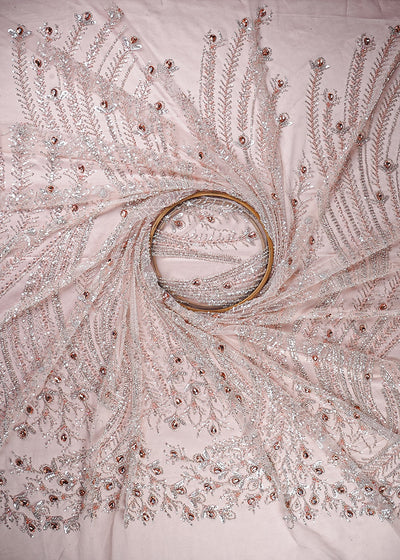 Peach Imported Net Fabric With All Over Sequins, Katdana And Stone Work With One Side Border 25536