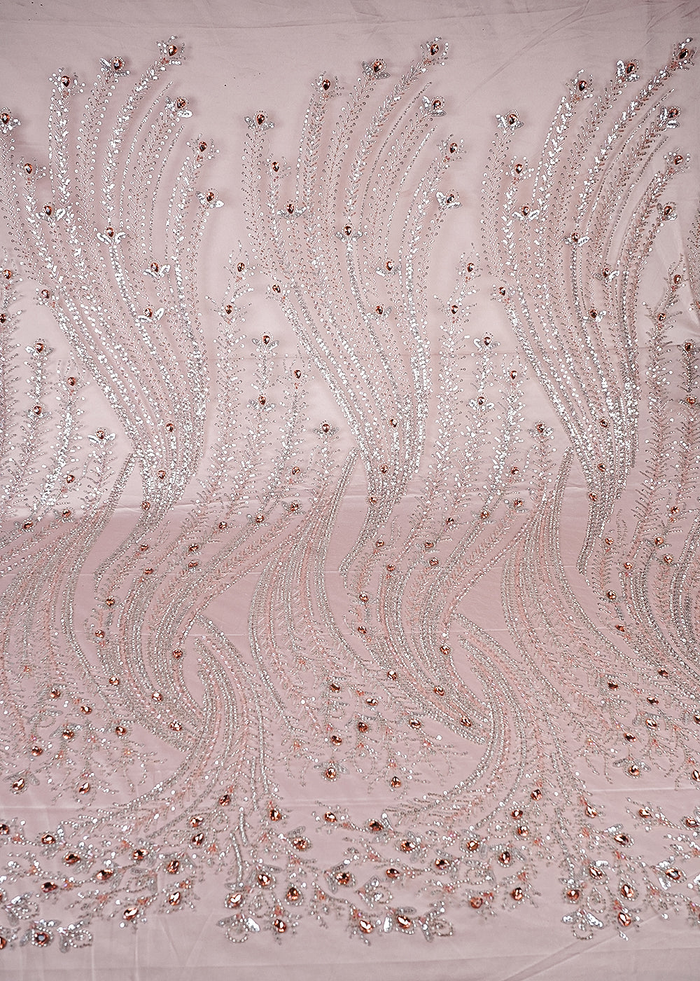 Peach Imported Net Fabric With All Over Sequins, Katdana And Stone Work With One Side Border 25536