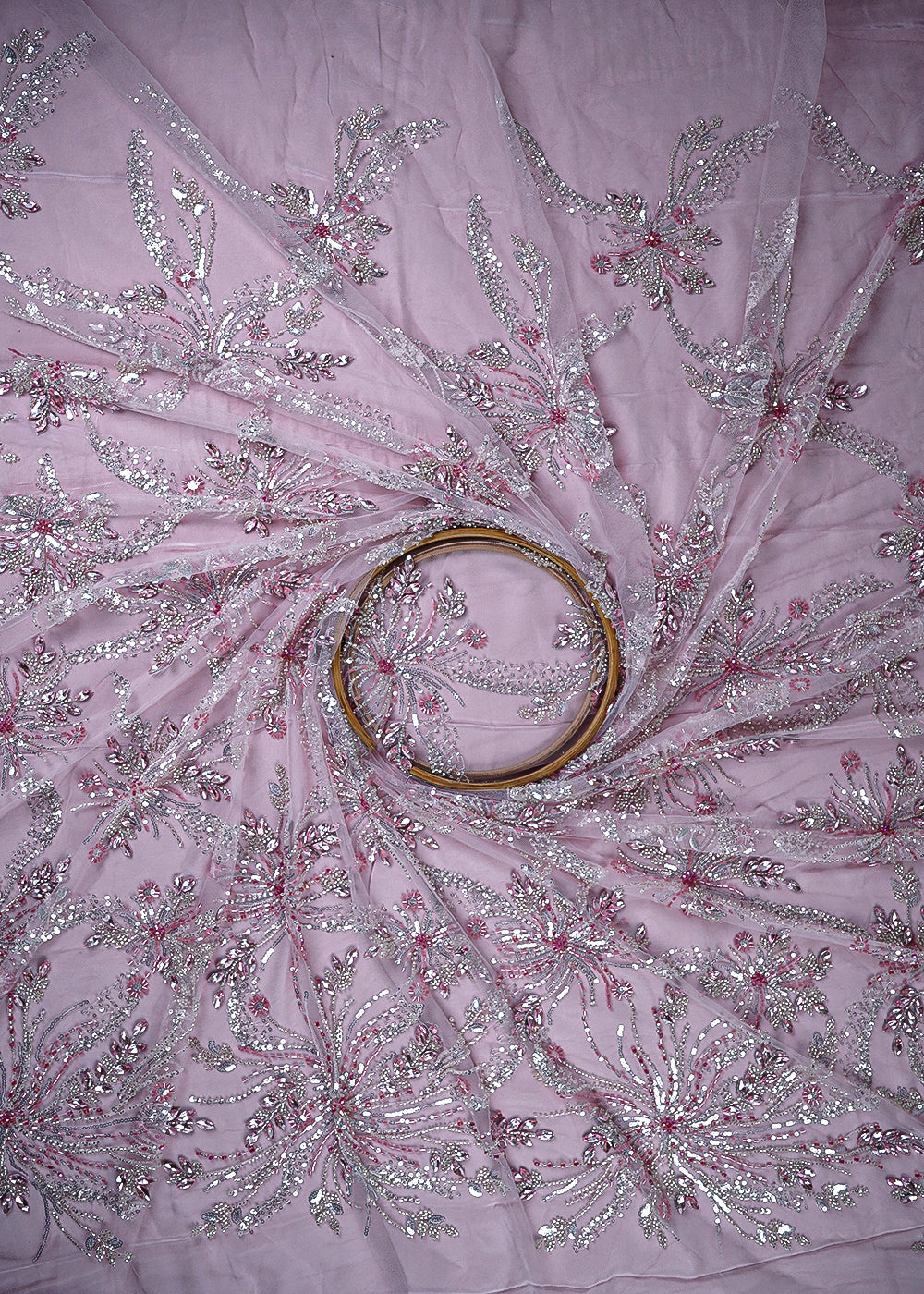 Baby Pink Imported Net Fabric With All Over Sequins, Katdana And Stone Work 25537