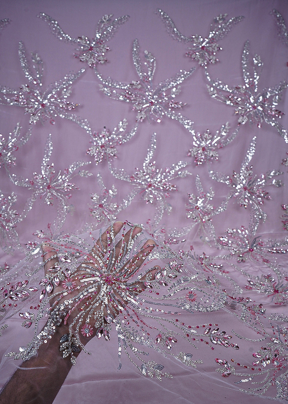 Baby Pink Imported Net Fabric With All Over Sequins, Katdana And Stone Work 25537