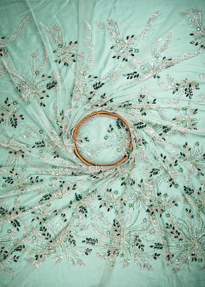 Pista Green Imported Net Fabric With All Over Sequins, Katdana And Stone Work 25538