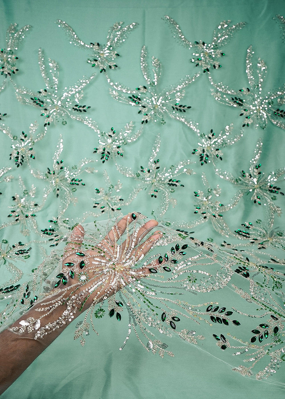 Pista Green Imported Net Fabric With All Over Sequins, Katdana And Stone Work 25538