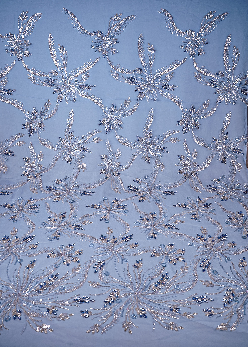 Sky Blue Imported Net Fabric With All Over Sequins, Katdana And Stone Work 25539