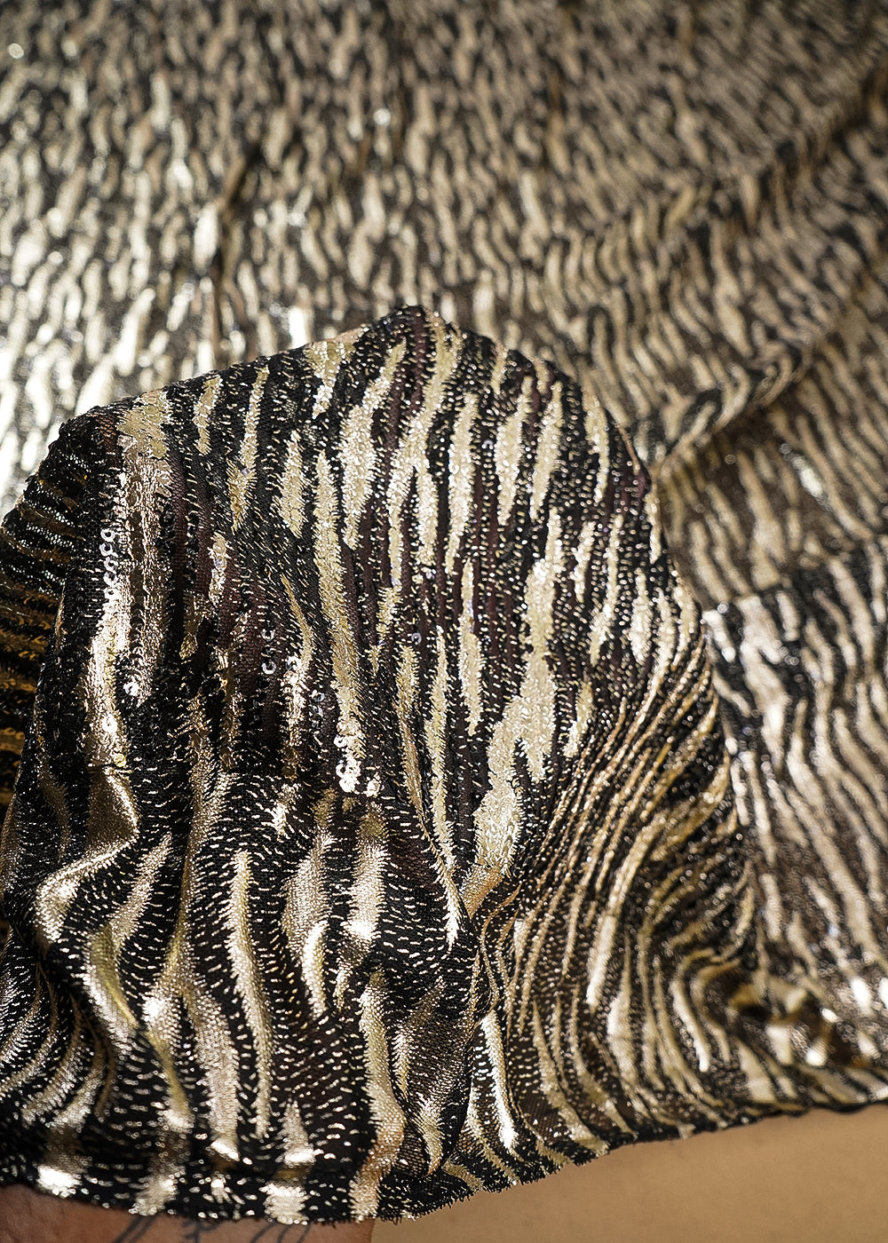 Golden Lycra Net Fabric With All Over Sequins And Foil Work 25541