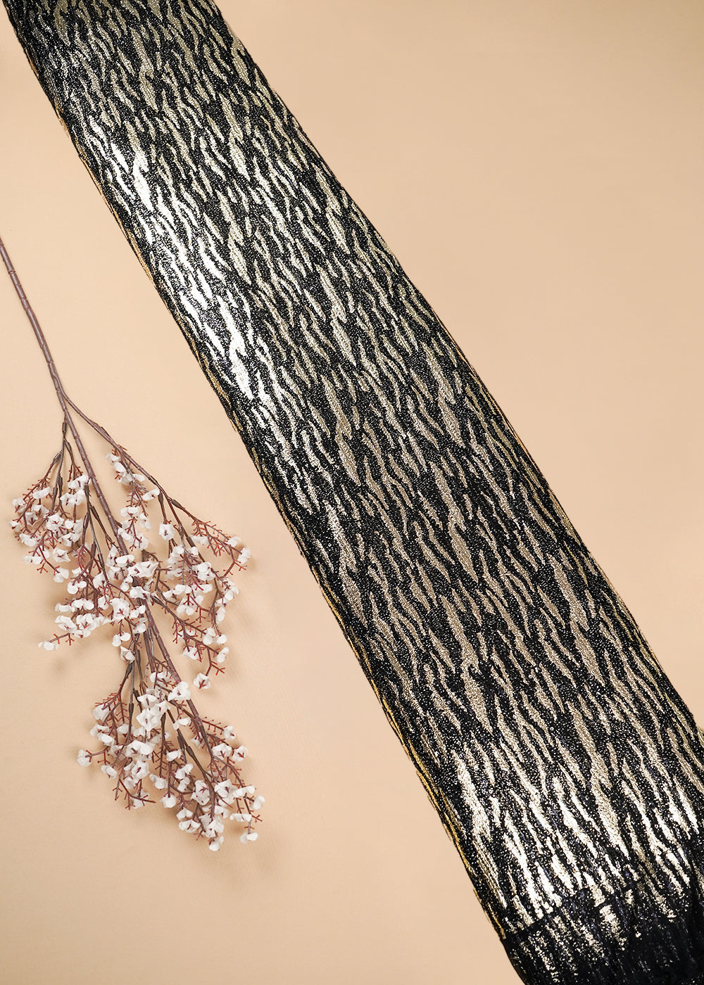 Golden Lycra Net Fabric With All Over Sequins And Foil Work 25541
