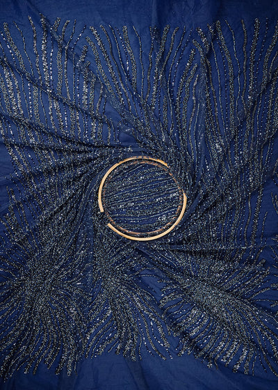 Navy Blue Imported Net Fabric With All Over Sequins, Katdana And Bead Work With Border 25544
