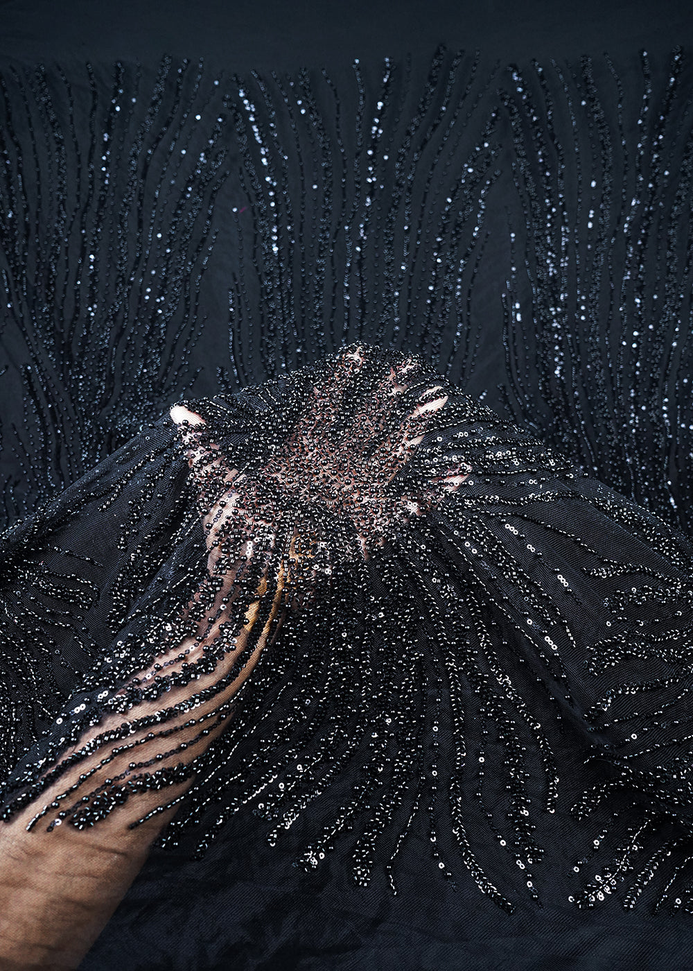 Black Imported Net Fabric With All Over Sequins, Katdana And Bead Work With Border 25545